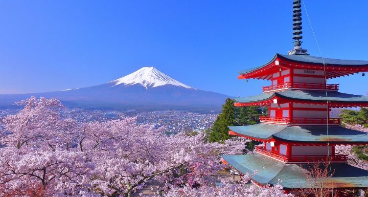 Mt. Fuji and the five-story pagoda as seen from Arakurayama Sengen Park